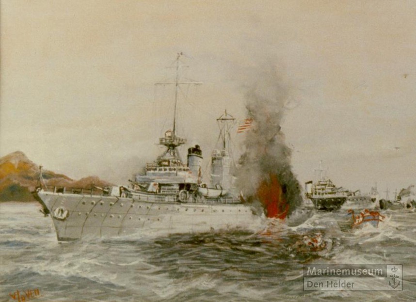 CW van der Ven gouache of Torpedoing of the ERIE small